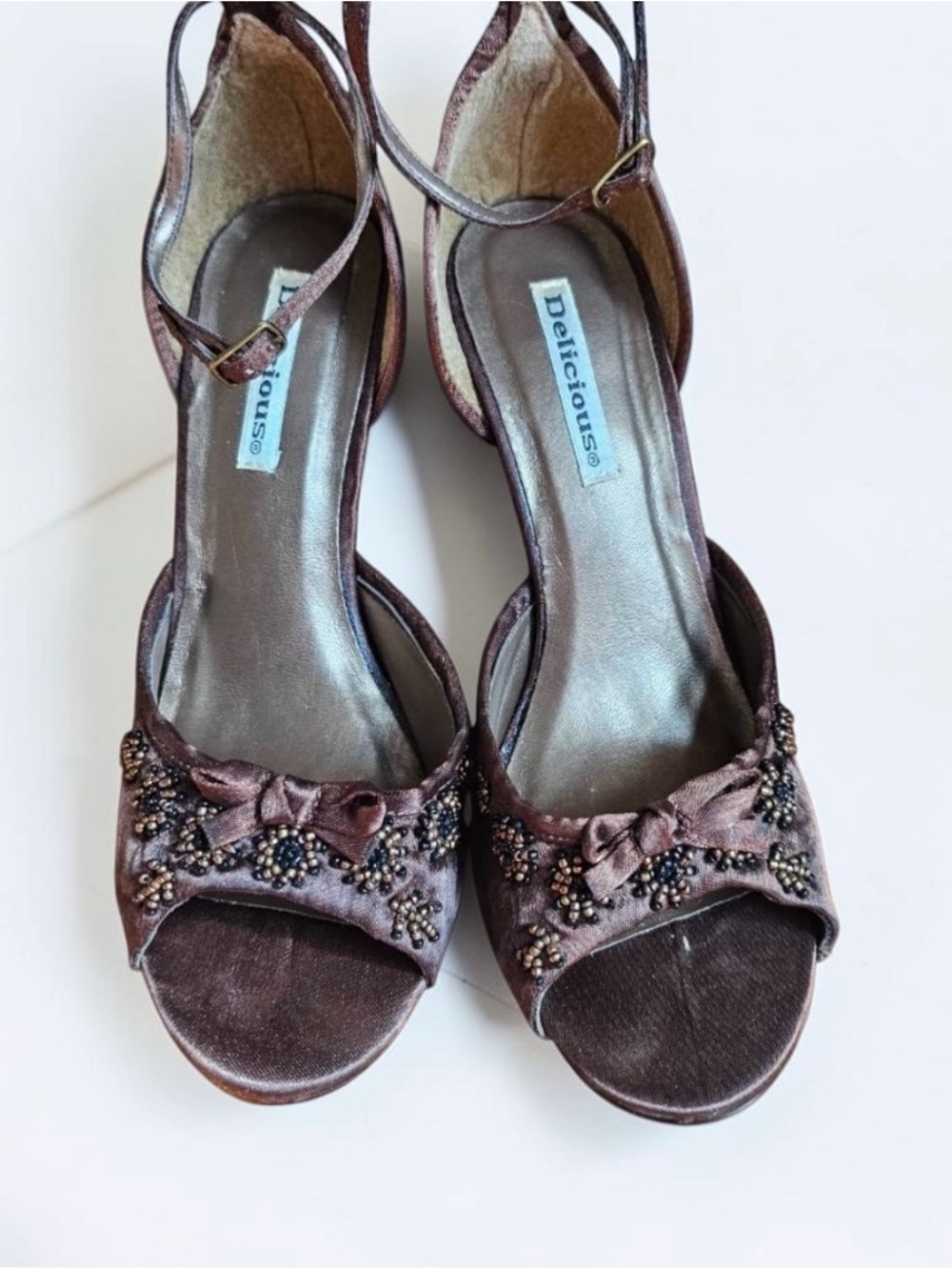 Delicious Brown Beaded Peep-Toe Ankle-Strap Heels Sz 7